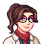 Stardew Valley style portrait showing a girl with a brown ponytail and round glasses, wearing a red scarf, formal coat and green jumper