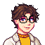 Stardew Valley style portrait showing a man with a brown frizzled hair and round glasses, wearing a white formal coat and yellow jumper