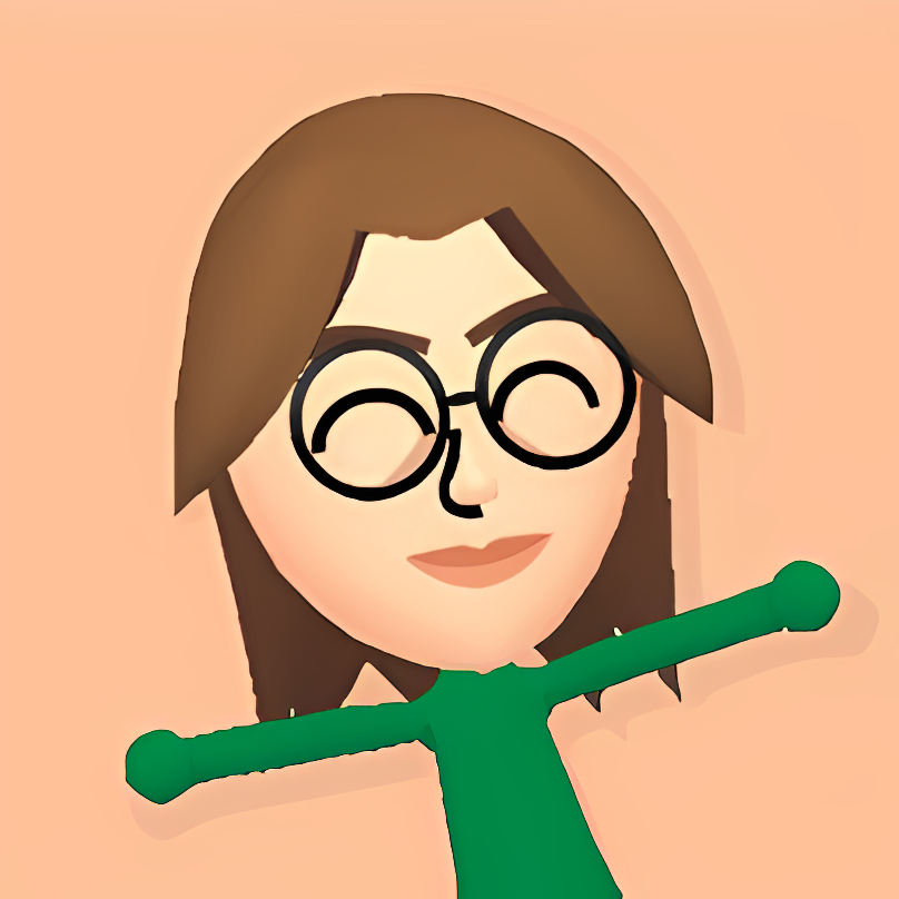 Picture of a mii girl with her hands out, brown hair and green body with round glasses. She's smiling and her eyes are closed.